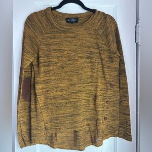 Sweet Wanderer Mustard Knit Sweater w/ Elbow Patches & Side Buttons Medium